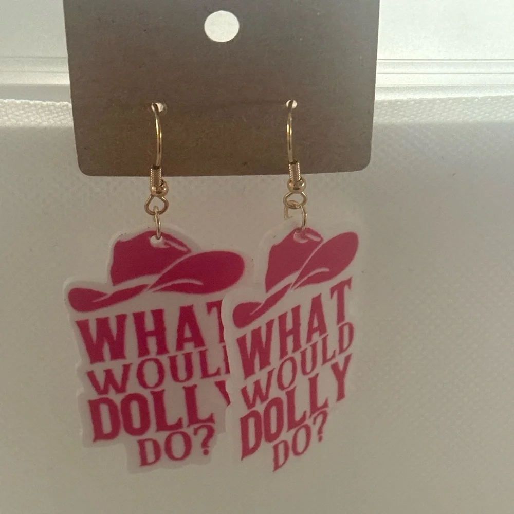 What Would Dolly Do? Earrings – Pink Acrylic Cowboy Hat Dangle – NWT